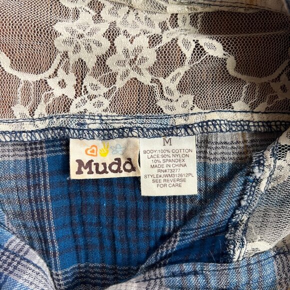 Mudd Blue Plaid Button Down Western Style Top w/Ivory Lace Shoulders Women Sz M - Picture 7 of 10